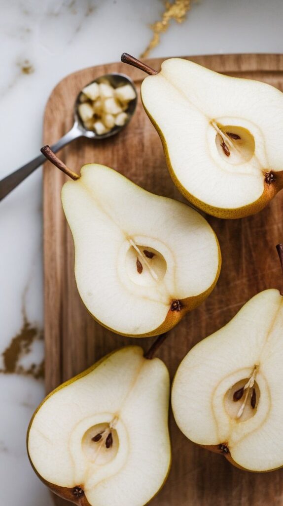 Sliced pears on a wooden board with diced pieces in a spoon, showcasing fresh and healthy fruit options.