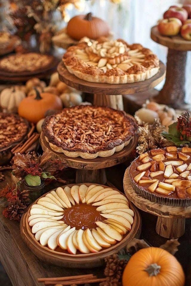 Assorted fall pies on rustic wooden stands surrounded by pumpkins and autumn decorations.