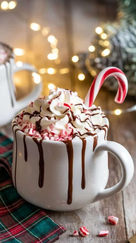 Festive hot chocolate with whipped cream, chocolate drizzle, candy cane, and bokeh lights in a cozy setting.