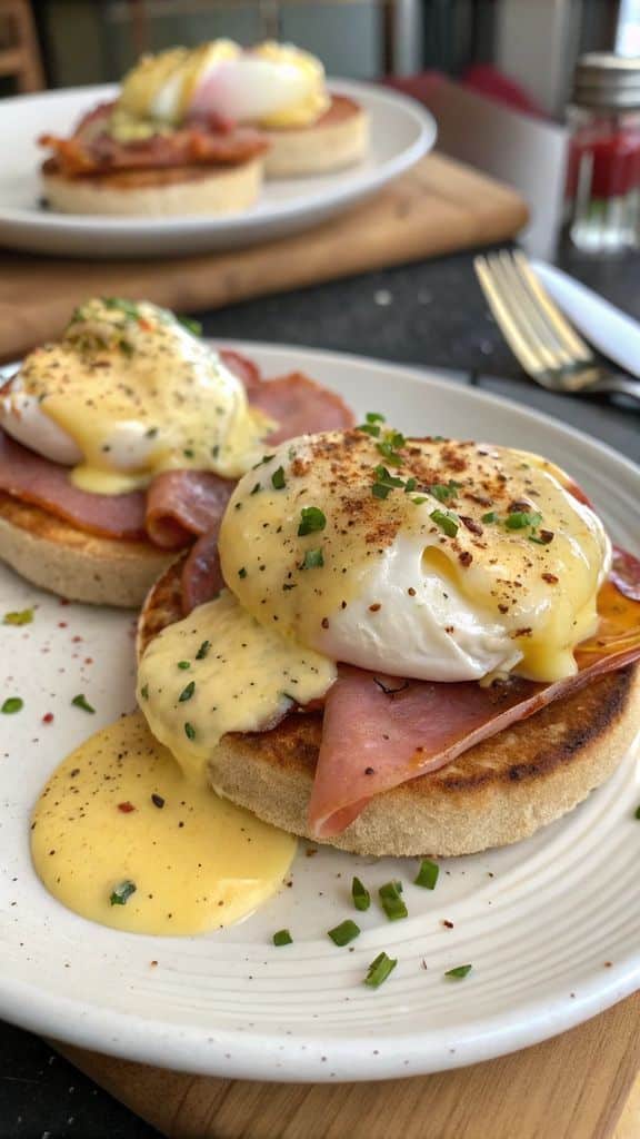 Eggs Benedict with poached eggs, ham, and hollandaise sauce on a toasted English muffin, garnished with herbs.