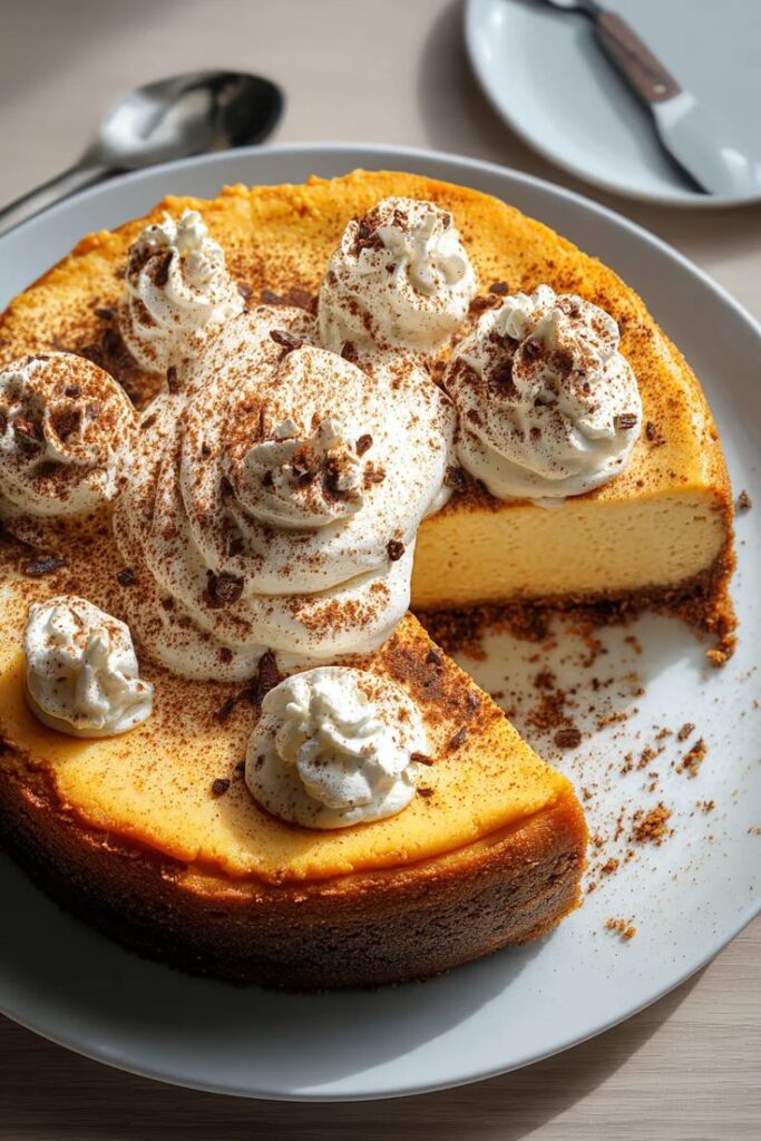 Creamy cheesecake topped with whipped cream and cocoa, served on a white plate with a slice missing.