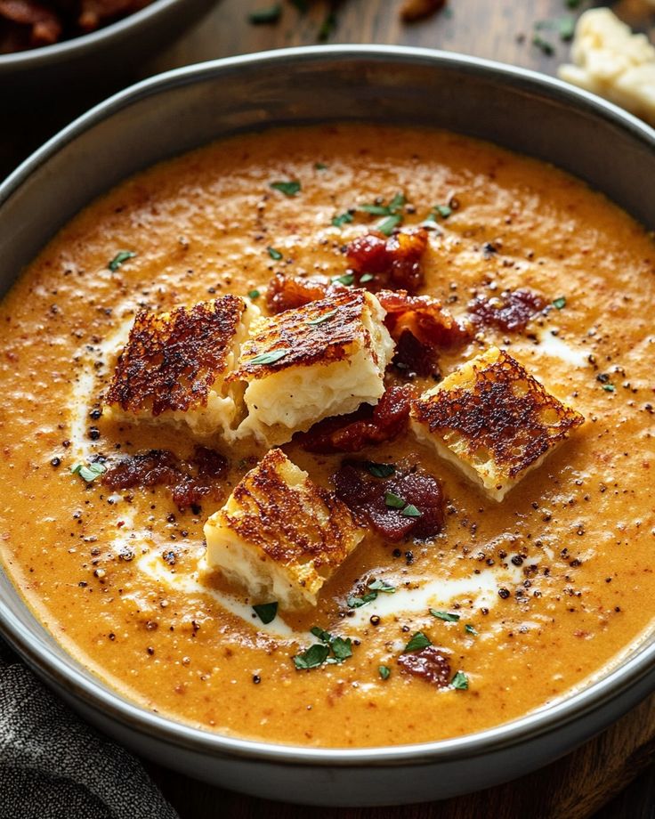 Creamy tomato soup topped with grilled cheese croutons and crispy bacon in a bowl.