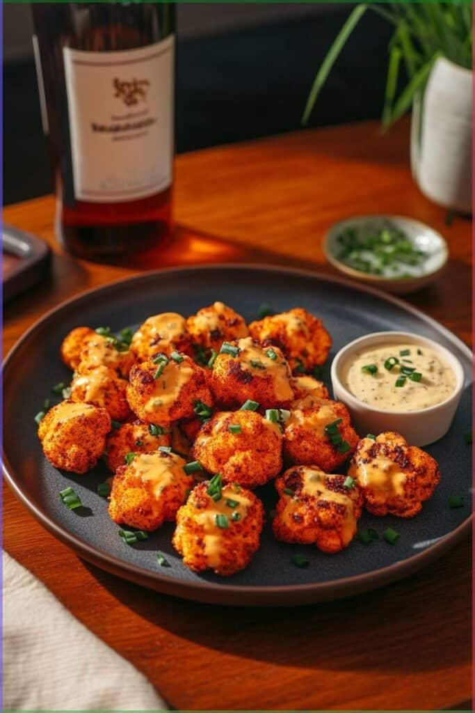 Crispy Buffalo Cauliflower Bites - 10 Crowd-Pleasing Appetizers That Will Wow Your Party | Spicy cauliflower bites with sauce, garnished with green herbs on a plate, perfect for a vegetarian appetizer.