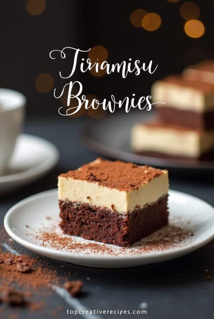 Delicious tiramisu brownie slice on a white plate with cocoa dusting, dark bokeh background.