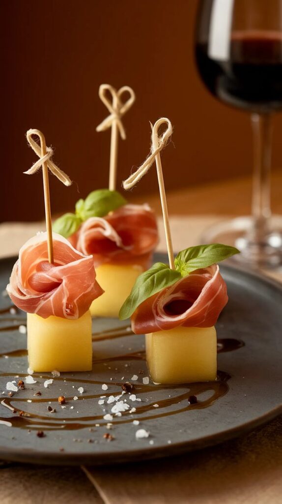 Delicious Prosciutto and Melon Skewers Appetizers - 10 Crowd-Pleasing Appetizers That Will Wow Your Party | Prosciutto and melon appetizers on skewers, garnished with basil, paired with a glass of red wine on a dark plate.