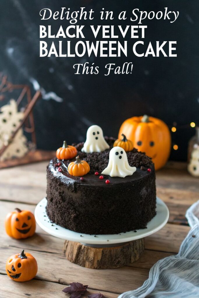 Spooky black velvet Halloween cake with ghost and pumpkin decorations on a wooden table. Perfect for fall festivities!