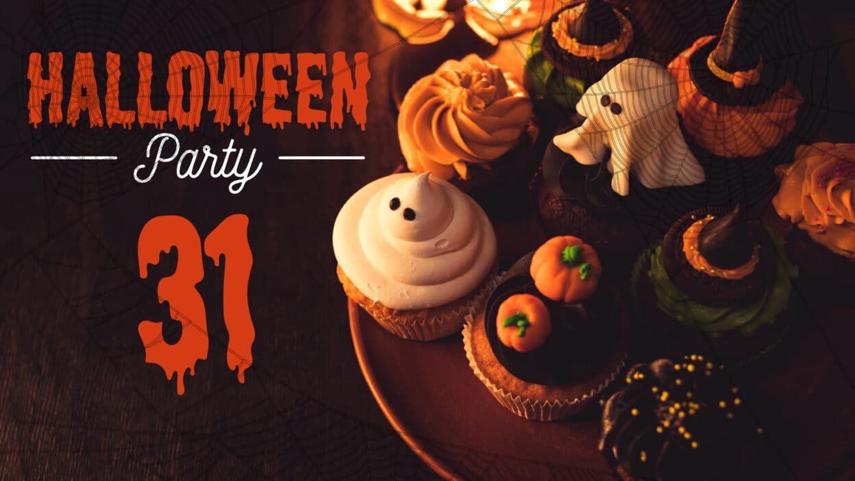 Halloween cupcakes and decorations with ghost and pumpkin designs for a spooky party on October 31st.