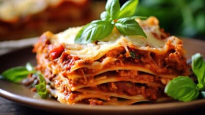 Delicious homemade lasagna with fresh basil garnish on a plate, perfect for a comforting Italian meal.