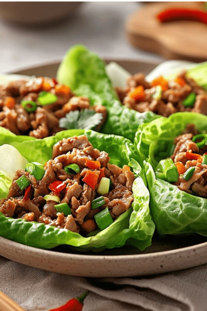 Fresh lettuce wraps filled with seasoned chicken, bell peppers, and green onions on a plate.