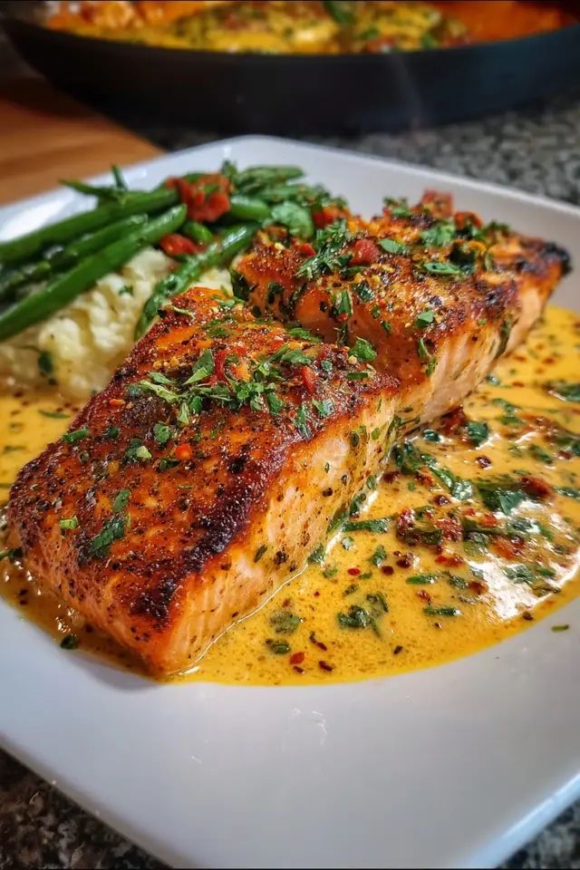 Grilled salmon with herbs in creamy sauce, served with green beans and mashed potatoes on a white plate.