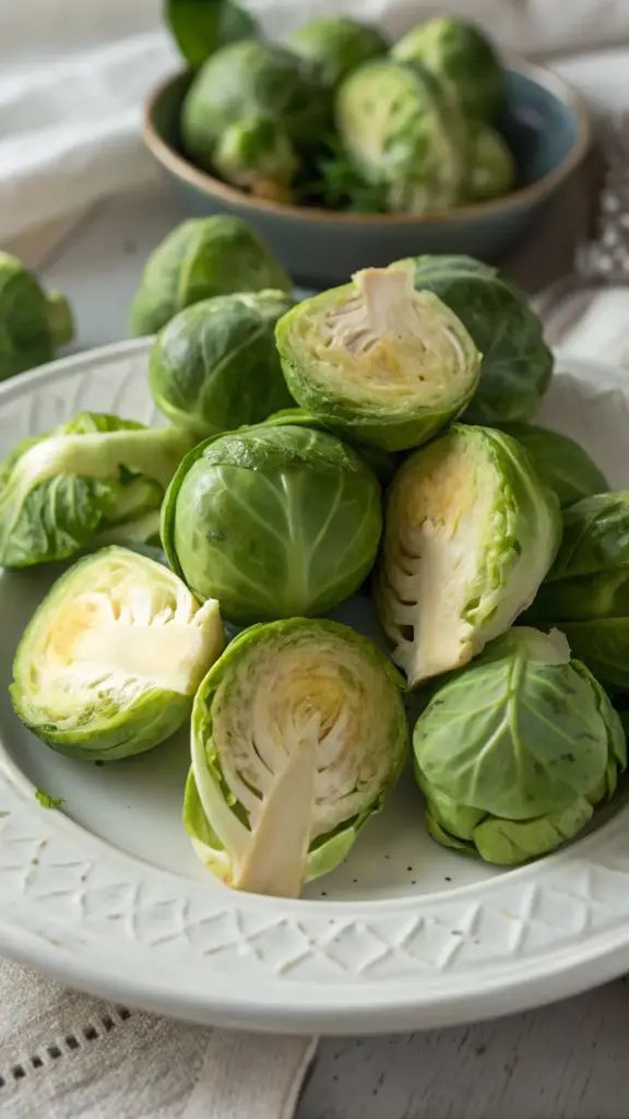 Fresh Brussels sprouts on a white plate, some halved, showcasing their green layers, perfect for healthy meals.