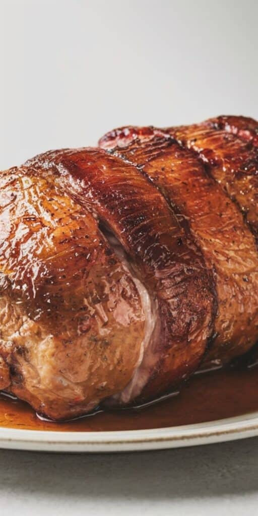 Juicy roasted pork with a golden crust on a white plate, showcasing perfect cooking and texture. Ideal for festive feasts.