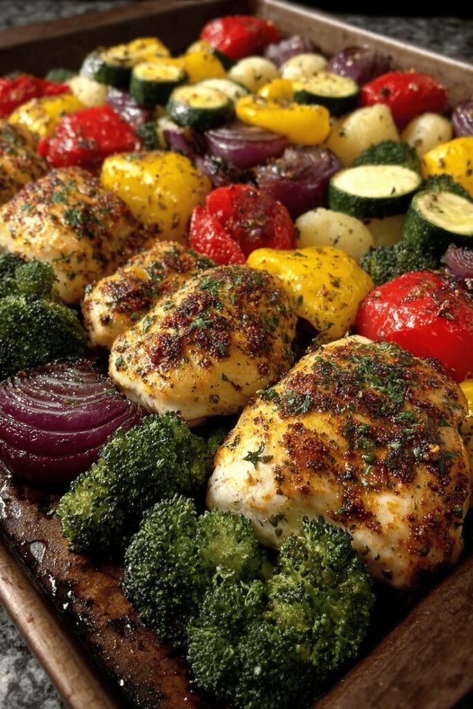 Baked chicken and colorful roasted vegetables on a sheet pan, garnished with herbs for a healthy meal.