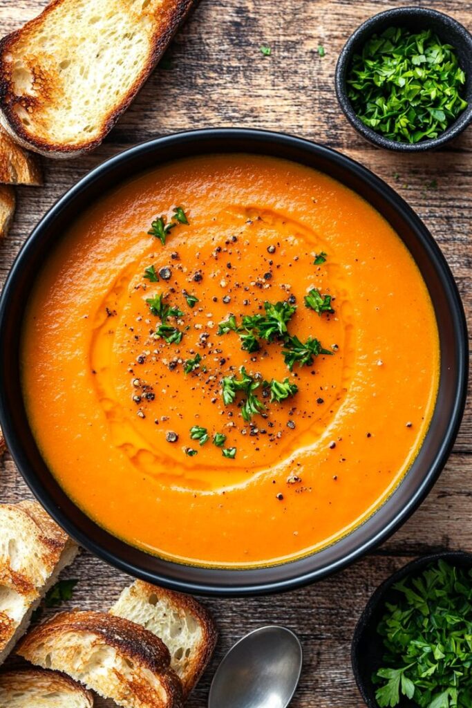 Creamy tomato soup in a black bowl, garnished with fresh parsley and pepper, served with toasted bread slices.