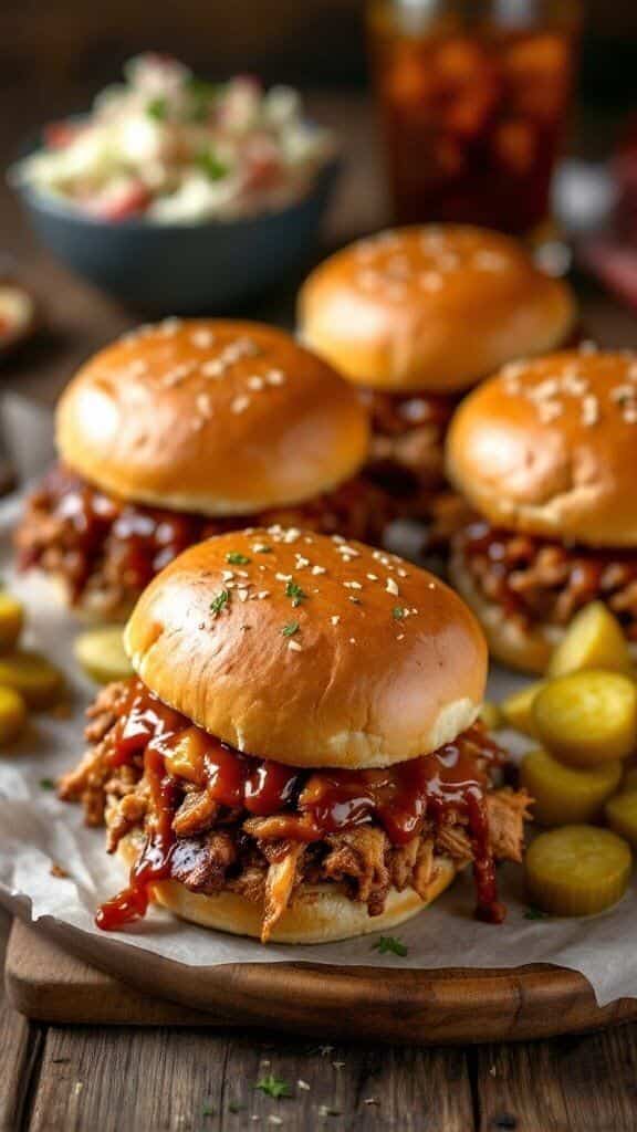 Delicious pulled pork sandwiches with barbecue sauce and pickles on a wooden board, perfect for a savory meal.
