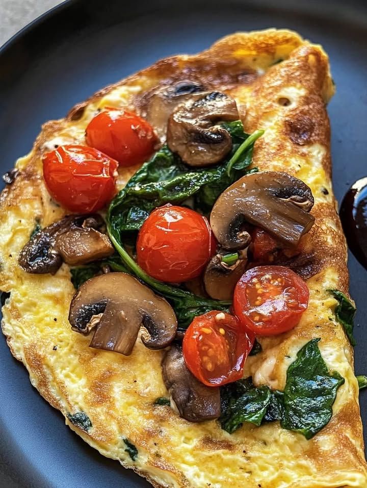 Omelette with mushrooms, spinach, and cherry tomatoes on a black plate. Perfect for a healthy breakfast.