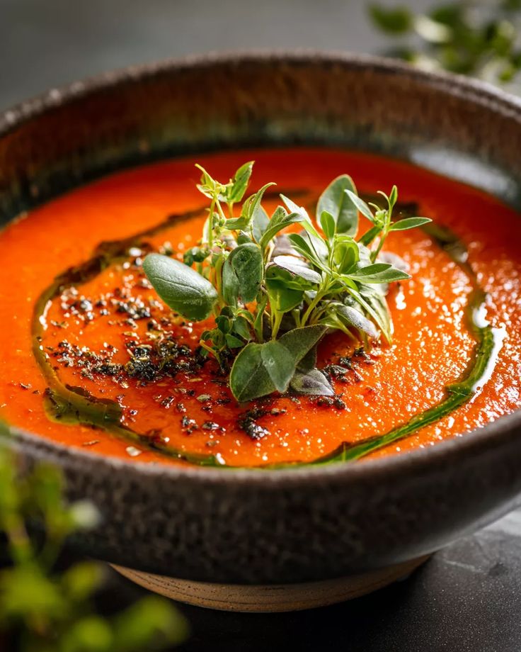 Creamy tomato soup garnished with fresh herbs and a drizzle of olive oil in a rustic bowl.