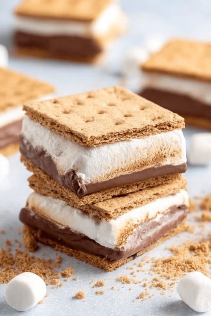 Delicious homemade s'mores with marshmallow and chocolate between crispy graham crackers on a light background.