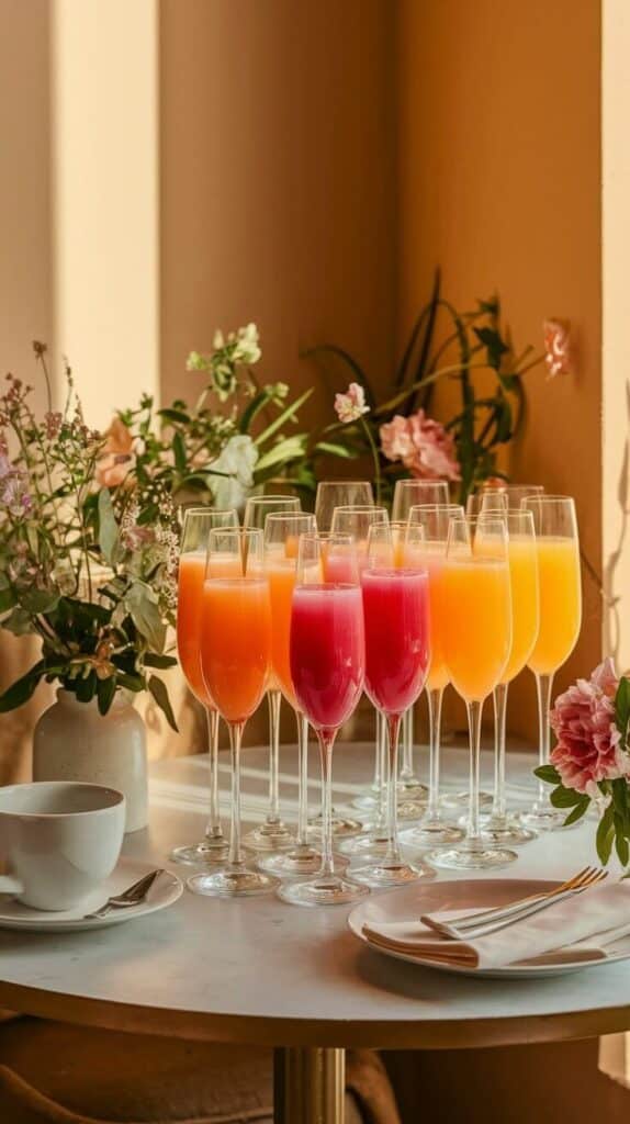 Elegant brunch setup with colorful juices in glasses, surrounded by flowers on a sunlit table.