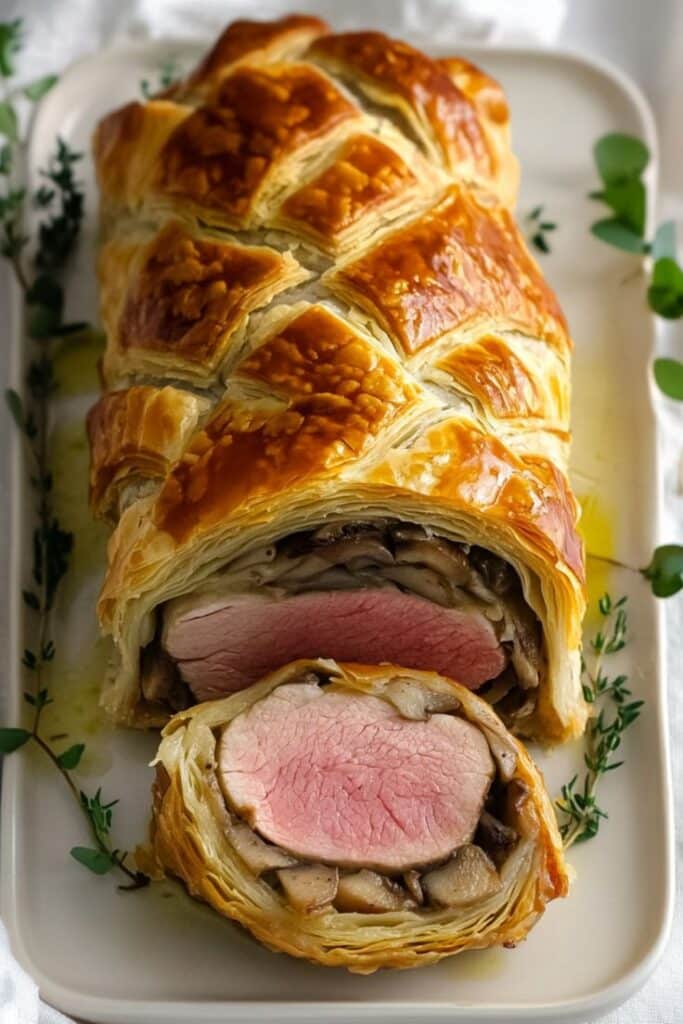 Golden-brown beef Wellington with flaky pastry, sliced to reveal pink center, garnished with fresh herbs on a plate.