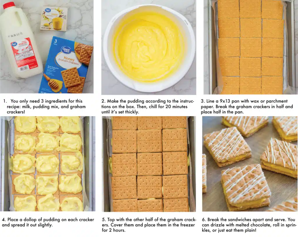 Step-by-step guide to making graham cracker pudding sandwiches with milk and pudding mix.