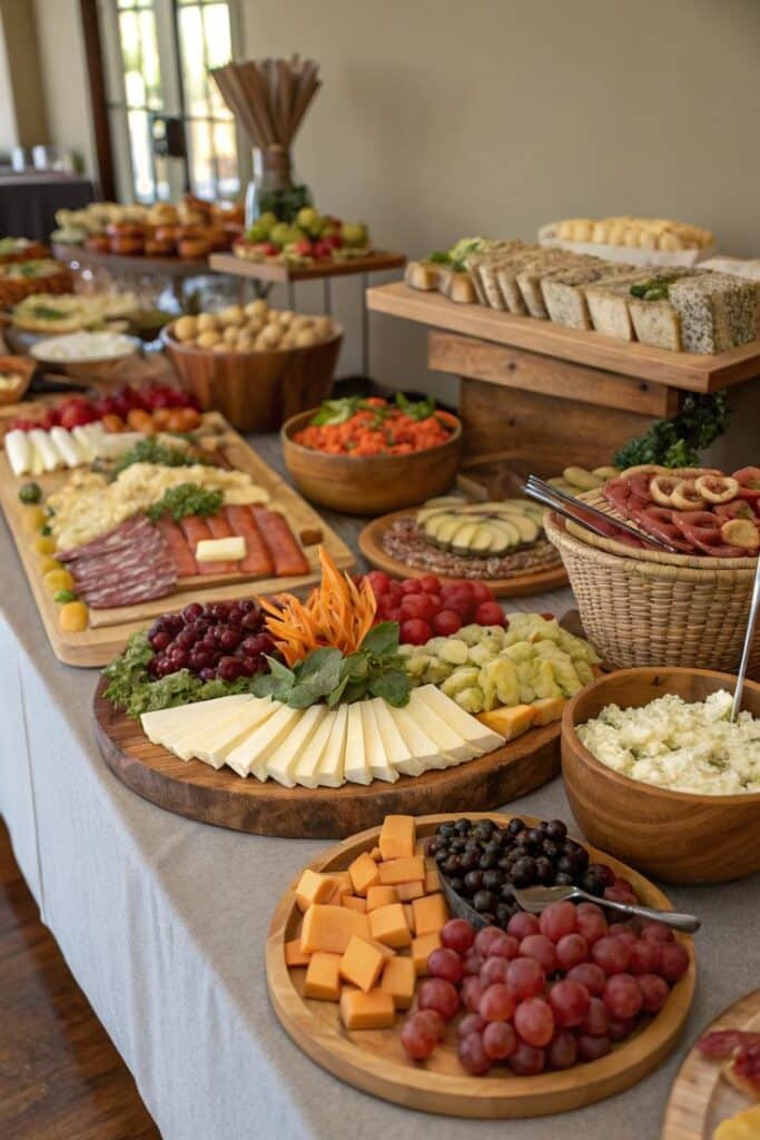 Grazing Table Ideas Wedding Reception - 10 Crowd-Pleasing Appetizers That Will Wow Your Party | Assorted cheese and charcuterie board with fruits and vegetables on a buffet table.