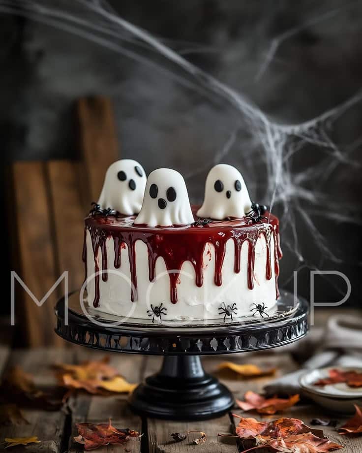 Halloween cake with ghost toppers, red icing drips, and spider decorations on a black stand. Spooky autumn theme.
