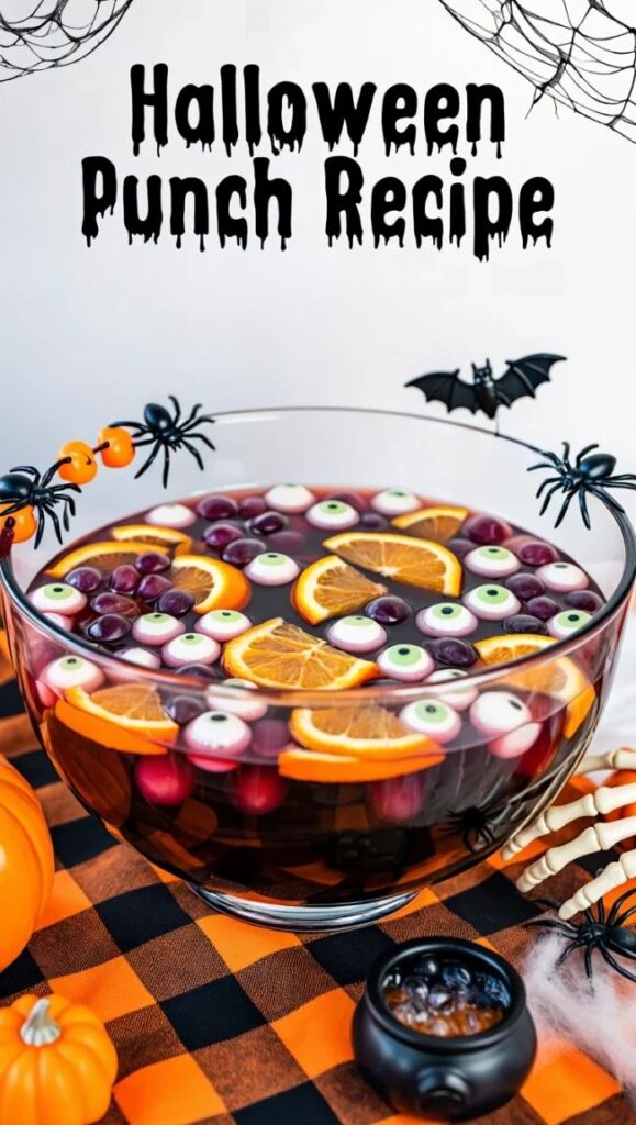 Spooky Halloween punch with floating eyeballs, orange slices, and grapes in a glass bowl on a festive table.