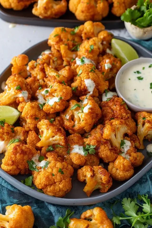 Healthy Buffalo Cauliflower in the Air Fryer - 10 Crowd-Pleasing Appetizers That Will Wow Your Party | Spicy roasted cauliflower bites on a plate with cilantro garnish and creamy dipping sauce.