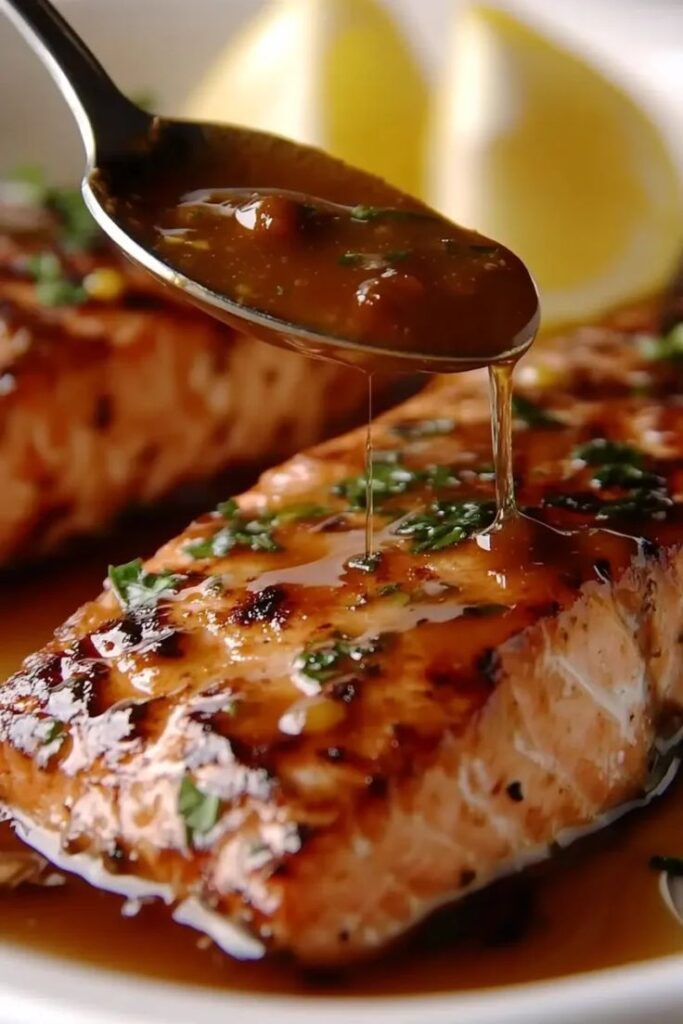 Grilled salmon fillet drizzled with savory sauce, garnished with fresh herbs and lemon wedges.
