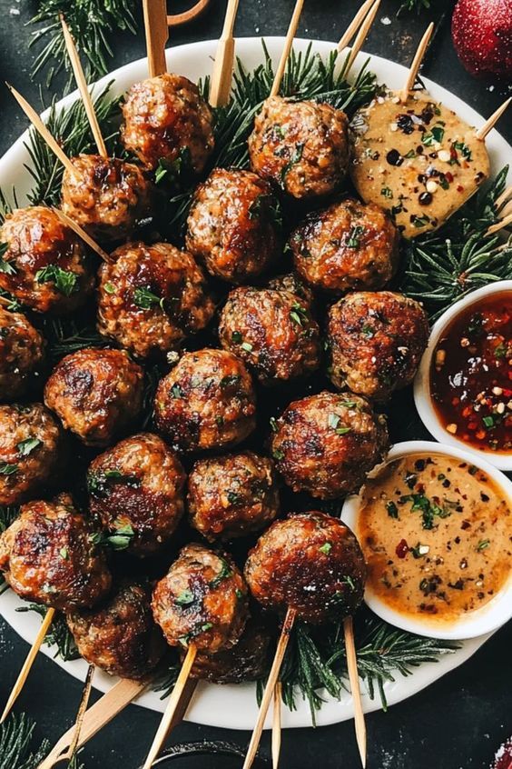 Holiday Meatballs Appetizer Ideas_ Festive Flavors for Every Gathering - 10 Crowd-Pleasing Appetizers That Will Wow Your Party | Plate of spiced meatballs on skewers served with dipping sauces, garnished with herbs on a festive platter.