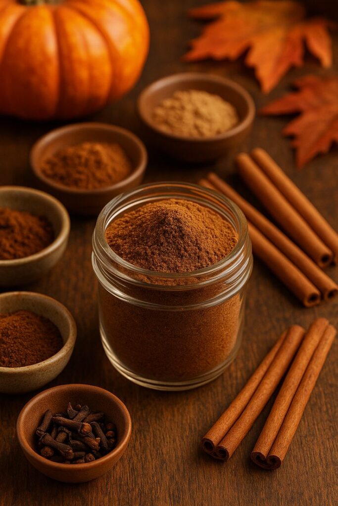 Pumpkin spice mix in a jar with cinnamon sticks, cloves, and fall leaves, perfect for autumn baking and drinks.