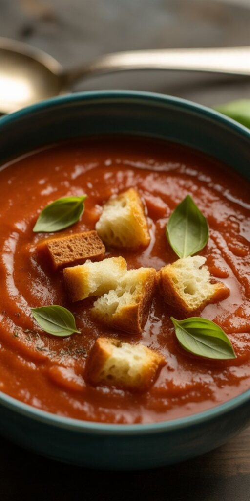 Tomato soup topped with croutons and fresh basil leaves in a bowl, perfect for a cozy meal.