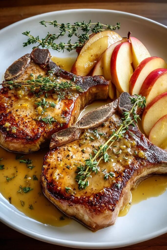 Grilled pork chops with rosemary and apple slices on a white plate, drizzled with a savory sauce.