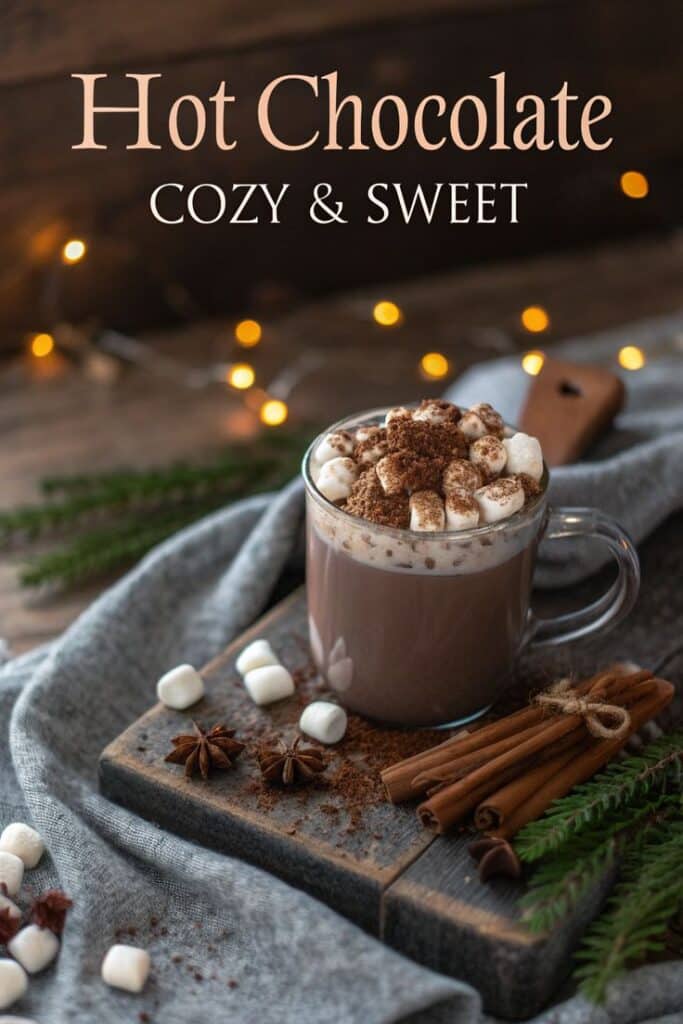 Cozy hot chocolate with marshmallows and cinnamon on a wooden board, surrounded by warm lights and spices.