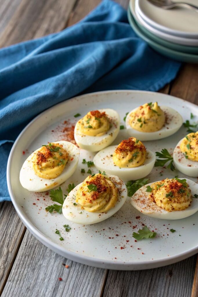 How To Make Deviled Eggs Recipe_ Easy Steps for Perfect Creamy Deviled Eggs Every Time - 10 Crowd-Pleasing Appetizers That Will Wow Your Party | Plate of deviled eggs garnished with paprika and herbs on a wooden table with a blue napkin.
