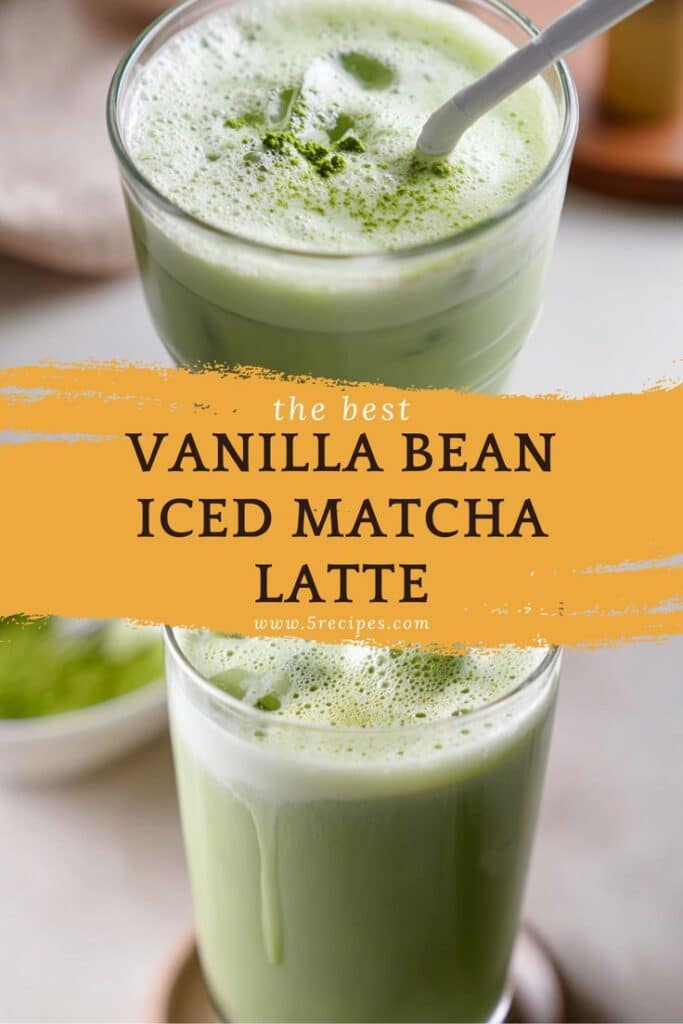 Iced vanilla bean matcha latte with creamy froth, perfect refreshing drink recipe from 5recipes.com.