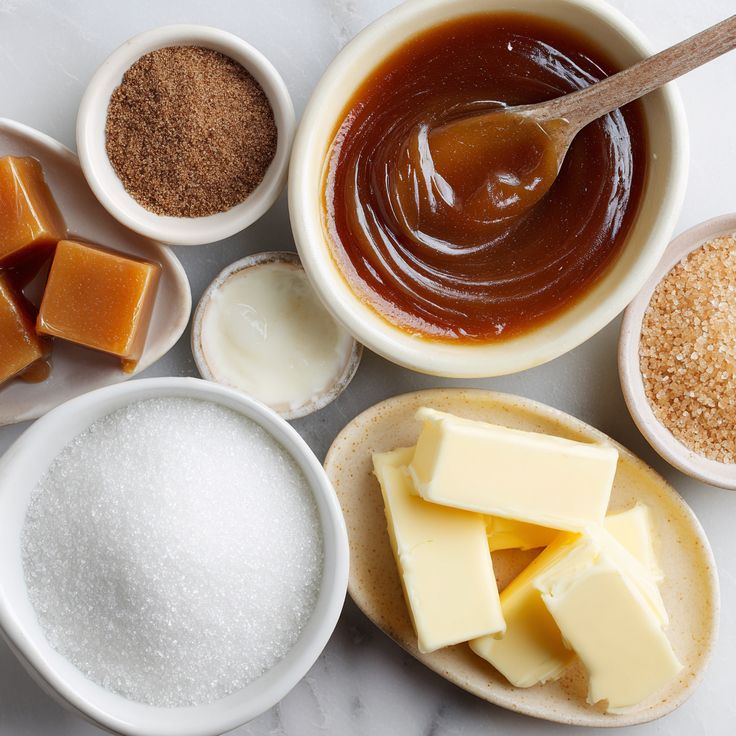 Assorted caramel ingredients including butter, sugar, cream, and syrup in bowls on a marble countertop.