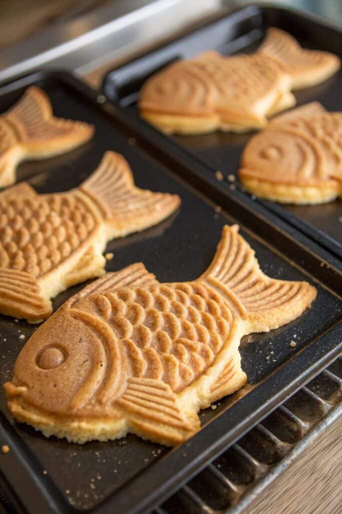 Fish-shaped taiyaki pastries on a baking tray, freshly baked and golden brown.