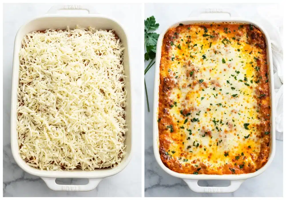 Unbaked and baked cheesy lasagna in white dishes, garnished with parsley on a marble countertop.