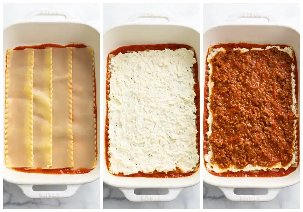 Lasagna layers: pasta sheets, ricotta cheese, and meat sauce in a baking dish, step-by-step preparation.