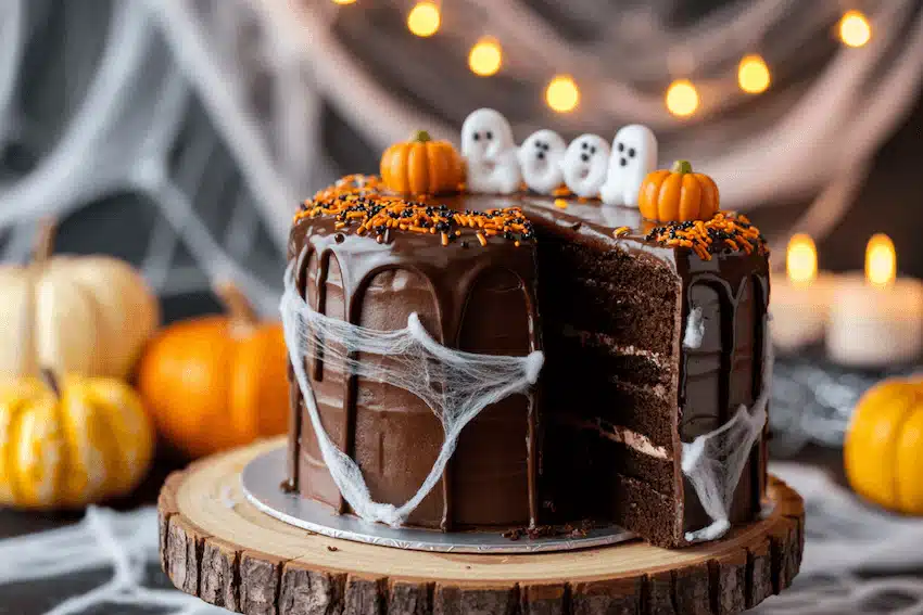 Halloween chocolate cake decorated with pumpkins, ghosts, and cobwebs on a wooden platter, with glowing lights behind.