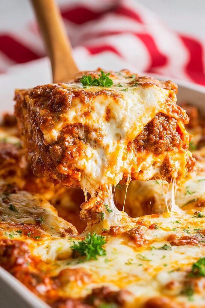 Cheesy homemade lasagna with rich meat sauce, gooey cheese, and fresh parsley. Perfect comfort food close-up.