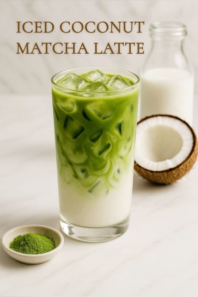 Iced coconut matcha latte with ice cubes in a glass, coconut, matcha powder, and milk bottle on marble background.