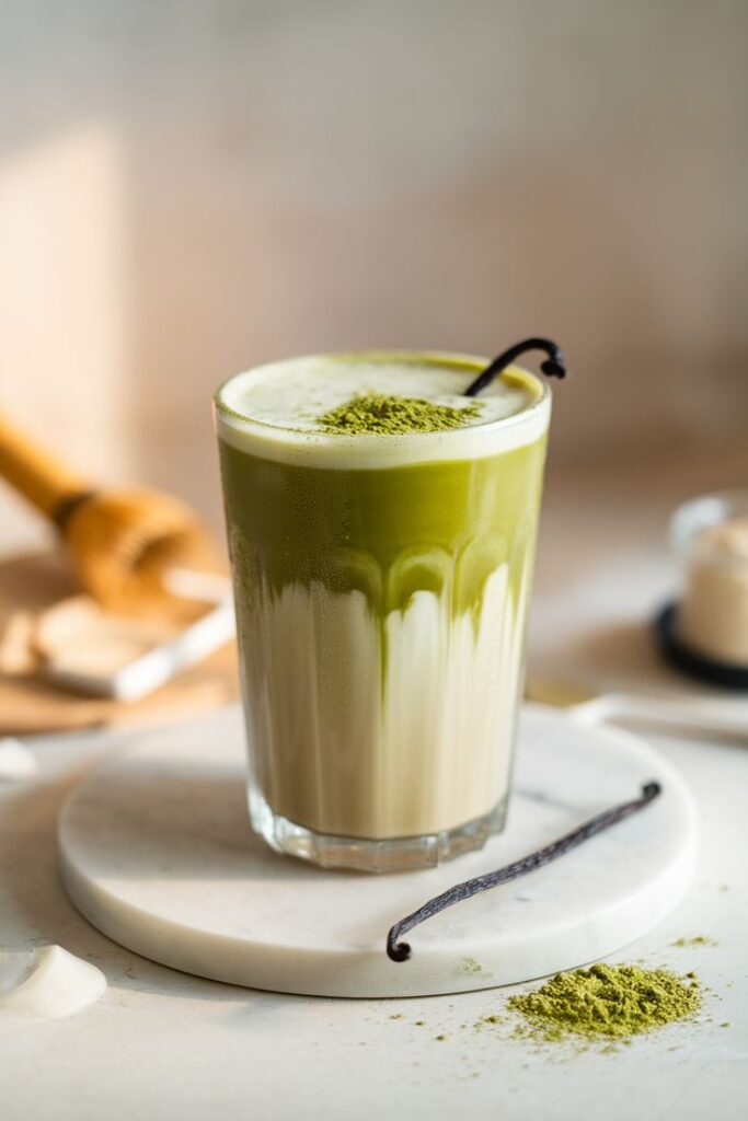 Iced matcha latte with vanilla bean and green tea powder on marble coaster. Refreshing and creamy beverage.