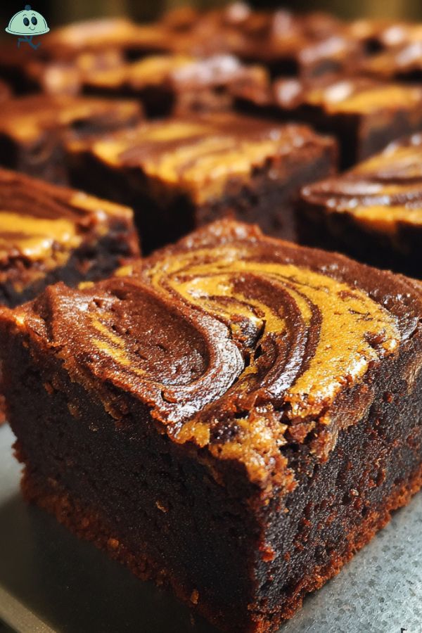 Delicious chocolate brownies with a marbled swirl pattern, freshly baked and arranged on a tray.