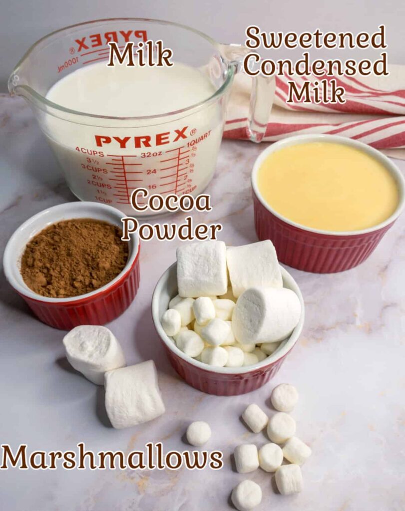 Ingredients for hot chocolate: milk, sweetened condensed milk, cocoa powder, marshmallows on a marble surface.