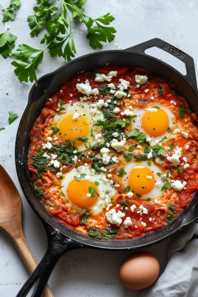 Skillet of shakshuka with eggs, tomatoes, herbs, and feta cheese, garnished with fresh parsley.