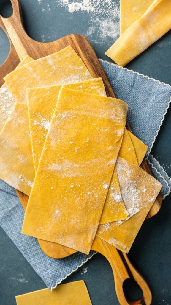 Fresh homemade lasagna sheets on a wooden board, dusted with flour, ready for cooking.