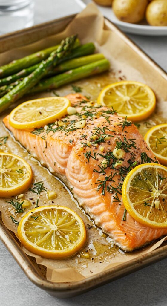 Baked salmon with lemon slices and asparagus on a tray, garnished with fresh dill and garlic for a tasty dinner.